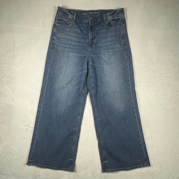 American Eagle Super High Rise Baggy Wide Leg Jeans Womens 14 Light Wash Stretch - Picture 3 of 16